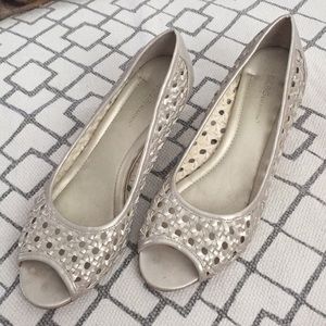 Silverish woven wedge sandals